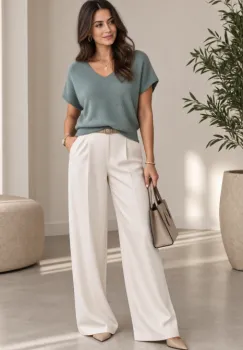 Pulover lejer cu maneci fluture si decolteu in V, verde salvie imagine