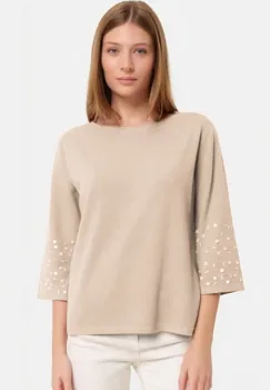 Pulover maneca 3 4 cu aplicatii manuale din paiete si margelute, din tricotaj fin, bej imagine