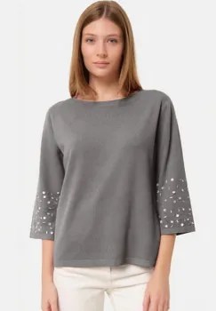 Pulover maneca 3 4 cu aplicatii manuale din paiete si margelute, din tricotaj fin, gri imagine