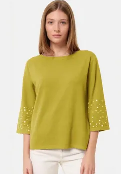 Pulover maneca 3 4 cu aplicatii manuale din paiete si margelute, din tricotaj fin, verde oliv imagine