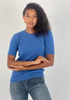Pulover moale si fin cu maneca scurta, la baza gatului, bleu imagine