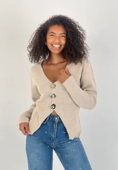 Pulover moale si fin cu trei nasturi mari aurii, oversize imagine