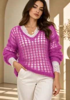 Pulover plasa cu mohair, cu model foarte fin  ,   un pulover accesoriu chic mov deschis imagine
