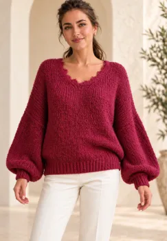 Pulover pufos bordo, oversize cu dantela la decolteu in V si maneci bufante imagine