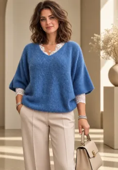 Pulover pufos cu alpaca, oversize cu maneca fluture, albastru jeans imagine