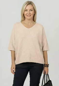 Pulover pufos cu alpaca, oversize cu maneca fluture, bej imagine