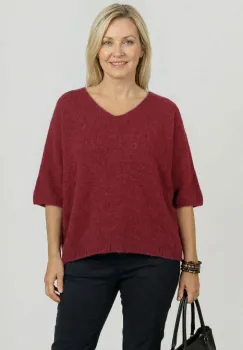 Pulover pufos cu alpaca, oversize cu maneca fluture, bordo imagine