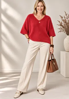 Pulover pufos cu alpaca, oversize cu maneca fluture, rosu imagine
