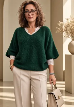 Pulover pufos cu alpaca, oversize cu maneca fluture, verde inchis imagine