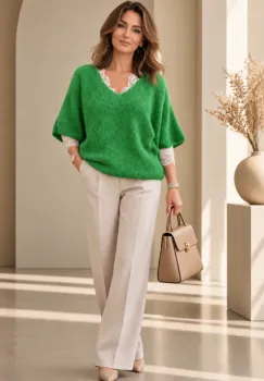 Pulover pufos cu alpaca, oversize cu maneca fluture, verde smarald imagine