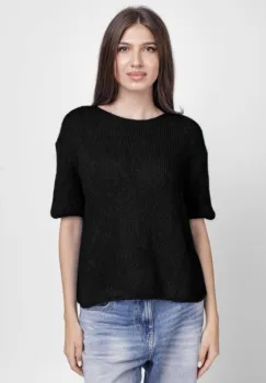 Pulover pufos cu maneca scurta, cu mohair si lana, negru imagine