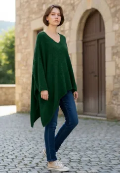 Pulover pufos verde inchis, oversize cu colt si decolteu in V imagine