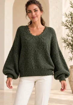 Pulover pufos verde kaki, oversize cu dantela la decolteu in V si maneci bufante imagine