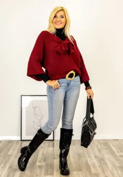 Pulover reversibil bordo, oversize cu funda si maneca fluture imagine