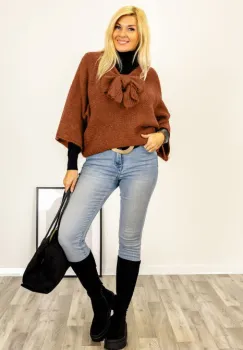 Pulover reversibil caramiziu, oversize cu funda si maneca fluture imagine