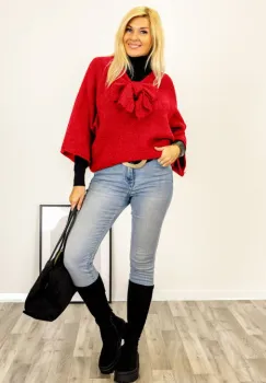 Pulover reversibil rosu, oversize cu funda si maneca fluture imagine