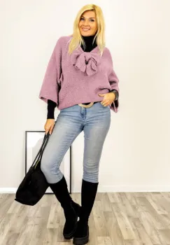 Pulover reversibil roz prafuit, oversize cu funda si maneca fluture imagine
