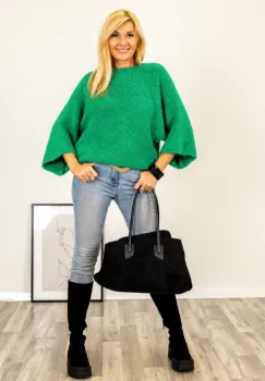 Pulover reversibil verde , oversize cu funda si maneca fluture imagine