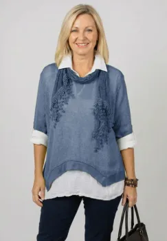 Pulover si camasa trei in unu, cu tricotaj lana si mohair, camasa din bumbac si esarfa cu franjuri dantelati, albastru jeans imagine