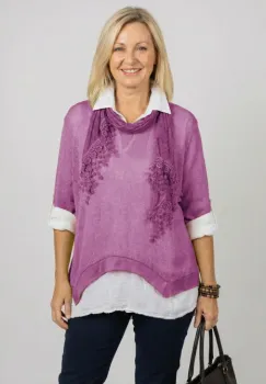 Pulover si camasa trei in unu, cu tricotaj lana si mohair, camasa din bumbac si esarfa cu franjuri dantelati, mov imagine