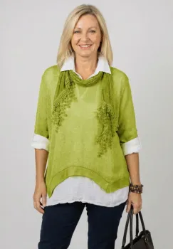 Pulover si camasa trei in unu, cu tricotaj lana si mohair, camasa din bumbac si esarfa cu franjuri dantelati, verde imagine