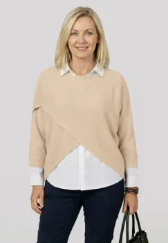 Pulover tip poncho petrecut asimetric, bej imagine