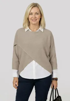 Pulover tip poncho petrecut asimetric, bej fango imagine