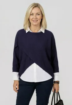 Pulover tip poncho petrecut asimetric, bleumarin imagine