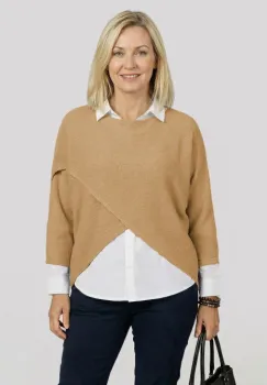 Pulover tip poncho petrecut asimetric, camel imagine