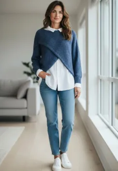 Pulover tip poncho petrecut asimetric, cu lana, albastru jeans imagine