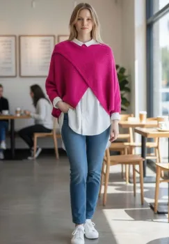 Pulover tip poncho petrecut asimetric, cu lana, fucsia imagine
