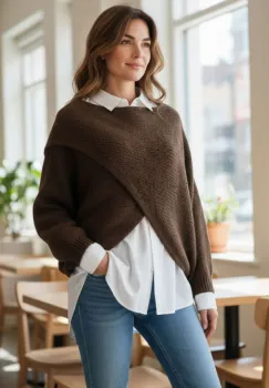 Pulover tip poncho petrecut asimetric, cu lana, maro imagine