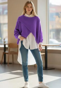 Pulover tip poncho petrecut asimetric, cu lana, mov imagine