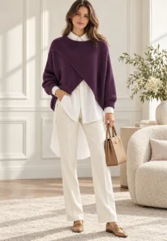 Pulover tip poncho petrecut asimetric, cu lana, mov inchis imagine