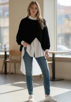 Pulover tip poncho petrecut asimetric, cu lana, negru imagine