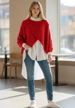 Pulover tip poncho petrecut asimetric, cu lana, rosu imagine