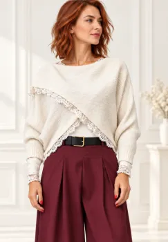 Pulover tip poncho petrecut asimetric, cu lana si dantela, alb ivory imagine