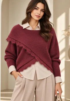 Pulover tip poncho petrecut asimetric, cu lana si dantela, bordo imagine