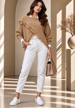 Pulover tip poncho petrecut asimetric, cu lana si dantela, camel imagine