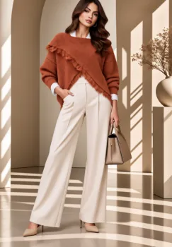 Pulover tip poncho petrecut asimetric, cu lana si dantela, caramiziu imagine