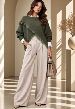Pulover tip poncho petrecut asimetric, cu lana si dantela, kaki imagine