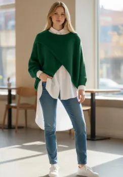 Pulover tip poncho petrecut asimetric, cu lana, verde inchis imagine