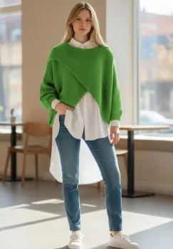 Pulover tip poncho petrecut asimetric, cu lana, verde praz imagine