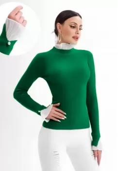 Pulover verde cu volanas plisat la maneca si la gat imagine