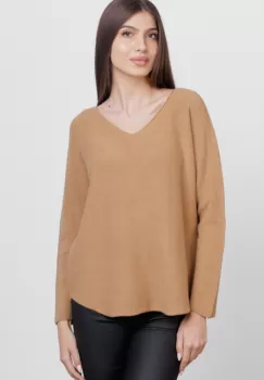 Pulover versatil cu decolteu V, din vascoza, camel imagine