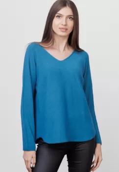 Pulover versatil cu decolteu V, din vascoza, turcoaz imagine