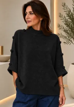 Pulover versatil cu maneca fluture si nasturi decorativi, negru imagine