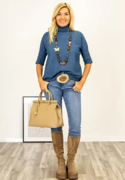 Pulover versatil cu maneci scurte ribbed si guler inalt, din vascoza, albastru jeans imagine