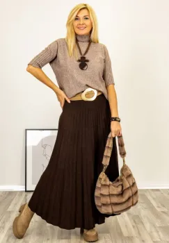 Pulover versatil cu maneci scurte ribbed si guler inalt, din vascoza, bej inchis imagine