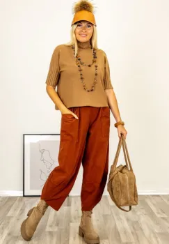 Pulover versatil cu maneci scurte ribbed si guler inalt, din vascoza, camel imagine